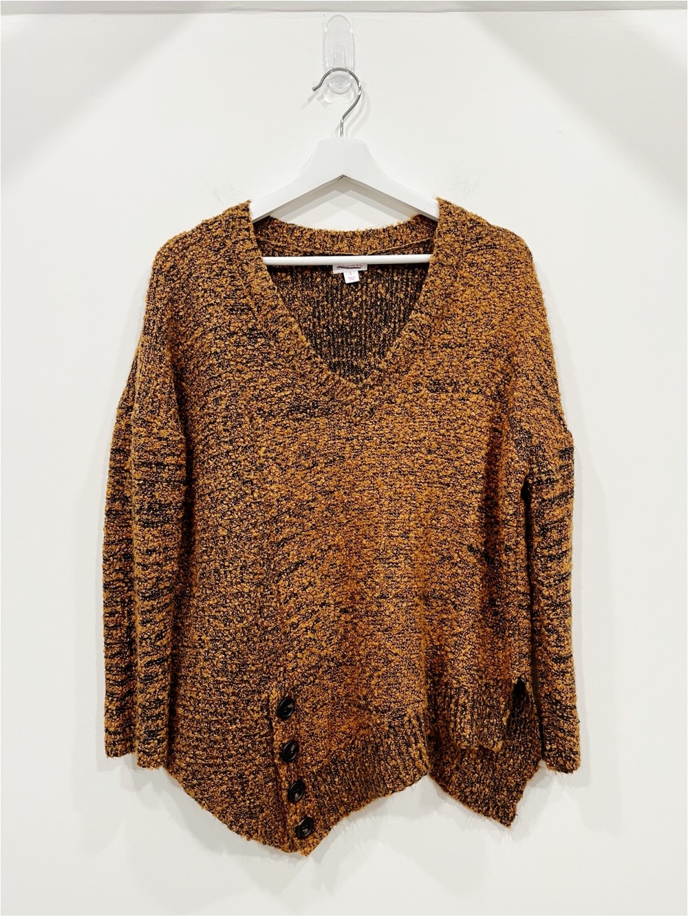 Xhilaration Women’s S Marled Mustard Black V-Neck Asymmetrical Sweater